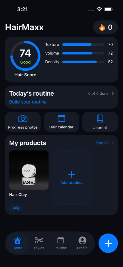 HairMaxx home screen with an illustrative 74 hair score, routine shortcuts, journal and saved product
