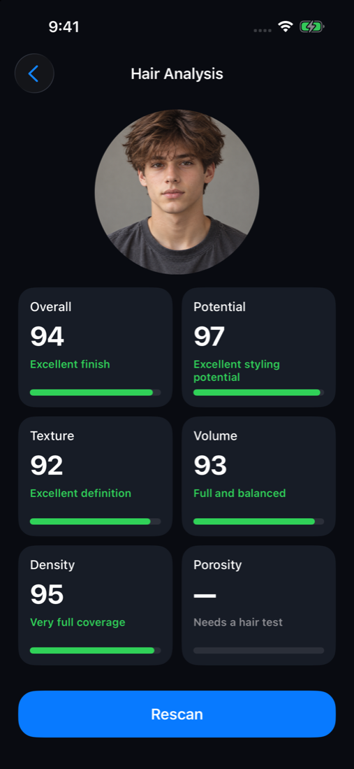 HairMaxx hair analysis example showing the same front-facing model with 94 overall, 97 potential, 92 texture, 93 volume and 95 density
