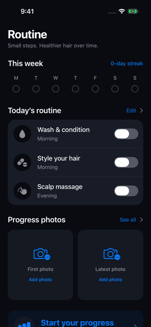 HairMaxx routine screen with weekly tracking and illustrative wash, styling and scalp massage steps