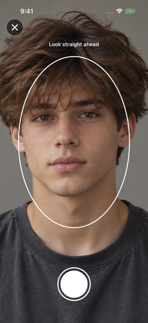 HairMaxx face and hair scan camera screen with a face guide and capture button, using an illustrative model